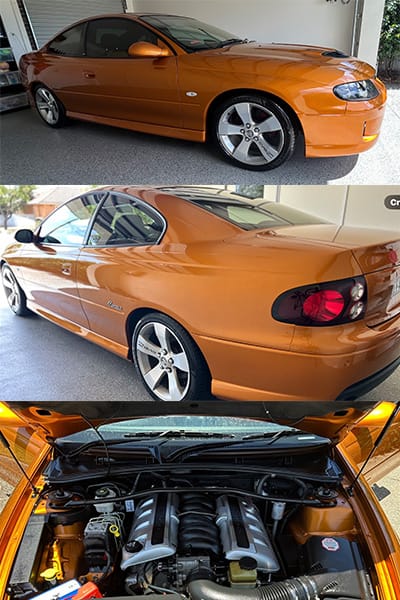 An orange Holden Monaro detailed for sale, exterior, rear and engine bay